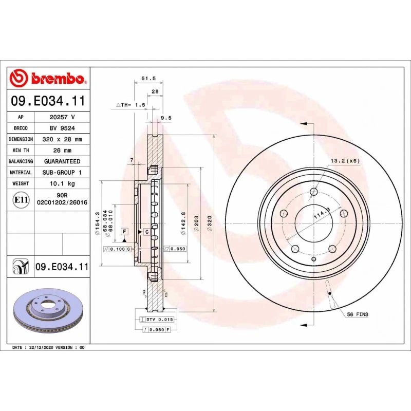 Brembo Bremseskive 09.E034.11 for Mazda 6, CX-5, CX-9