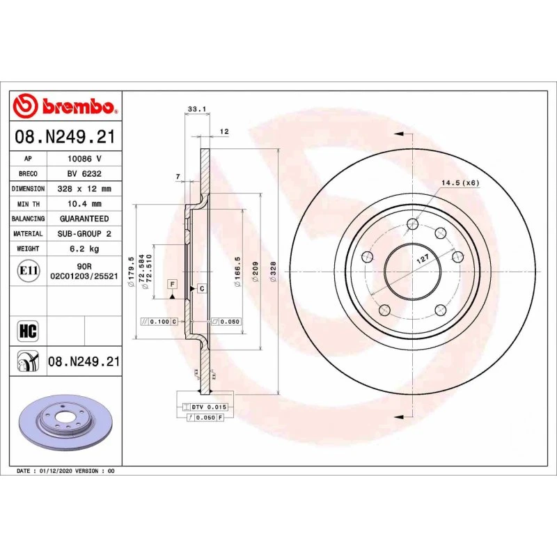 Brembo Bremseskive 08.N249.21, Prime, 12 mm, 328 mm