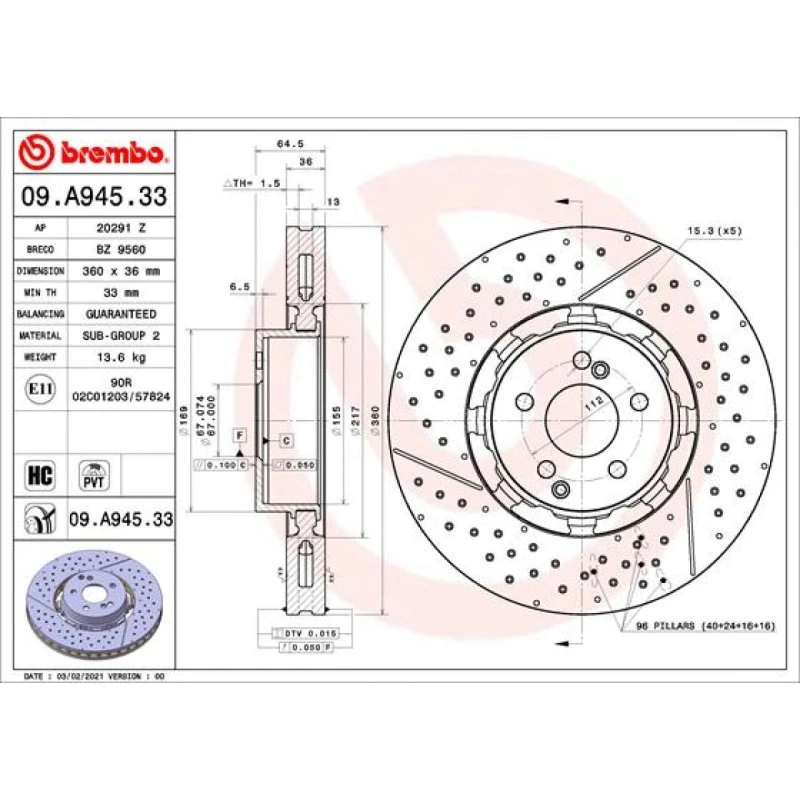 Brembo Bremseskive 09.A945.33 for Mercedes-Benz