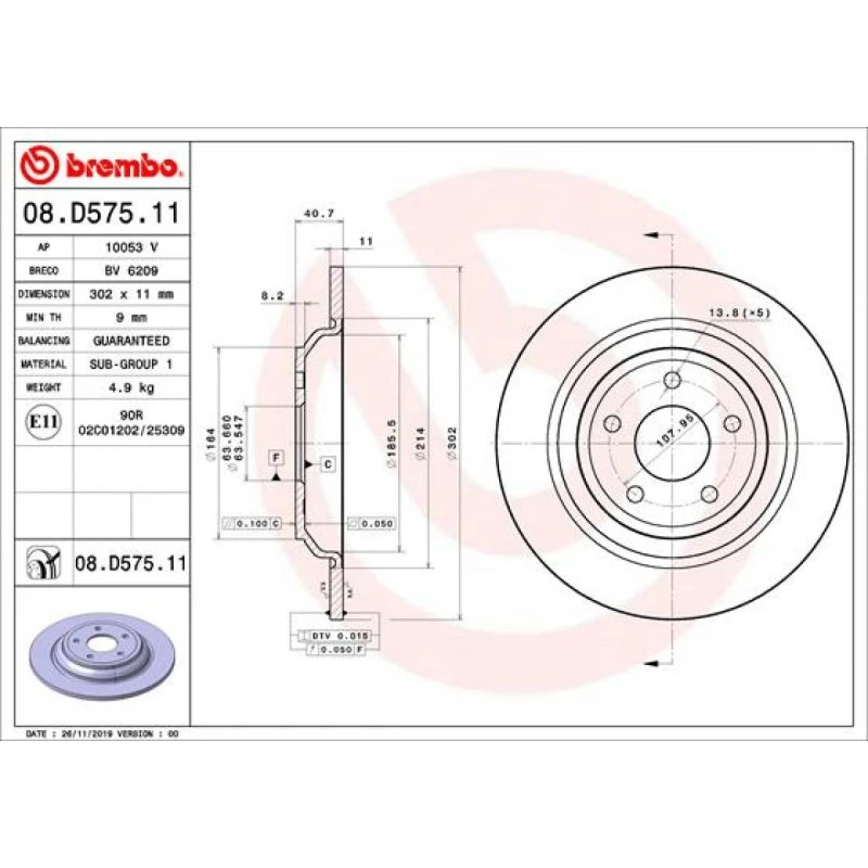 Brembo Bremseskive 08.D575.11, 11 mm tyk, til FORD Focus, Kuga
