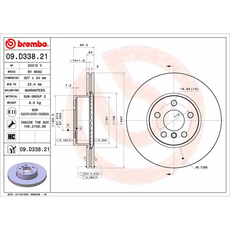 Brembo Bremseskive 09.D338.21, indvendigt ventileret, 24 mm tyk