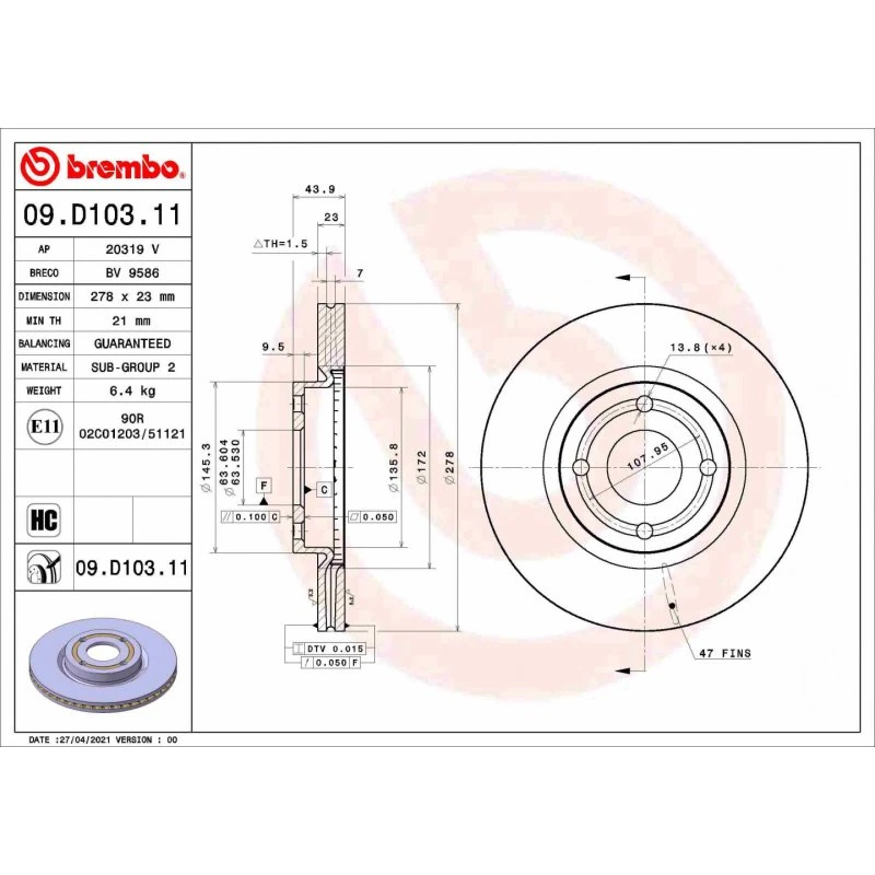 Brembo Bremseskive 09.D103.11 for Ford Fiesta VII