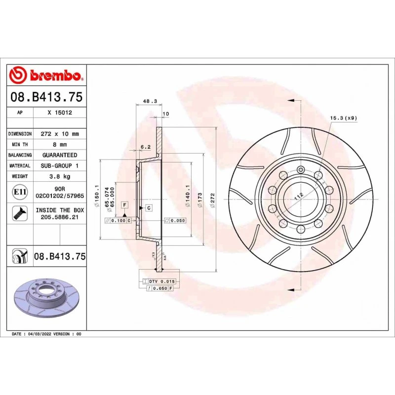 Brembo Bremseskive 08.B413.75 for VW, Audi, Skoda, Seat, Cupra