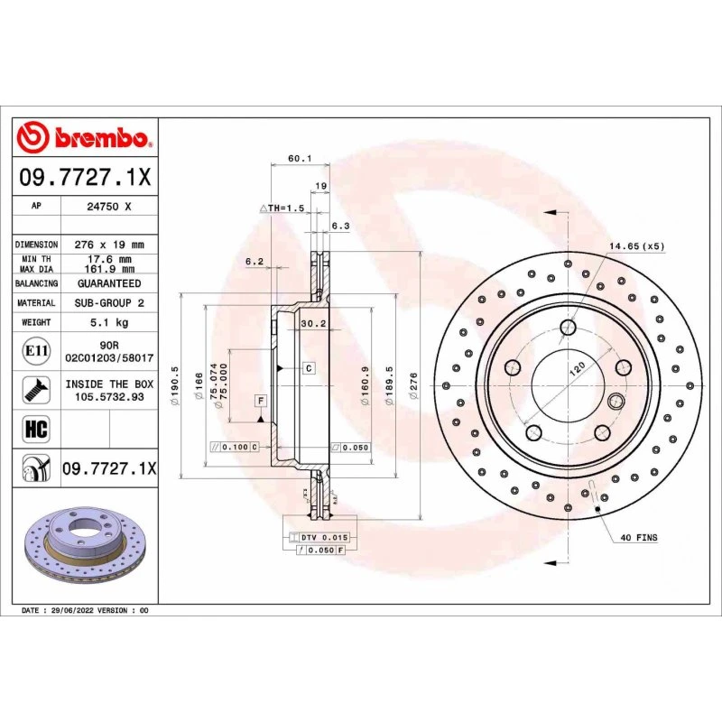 Brembo Bremseskive 09.7727.1X for BMW 3-serie (bagaksel)