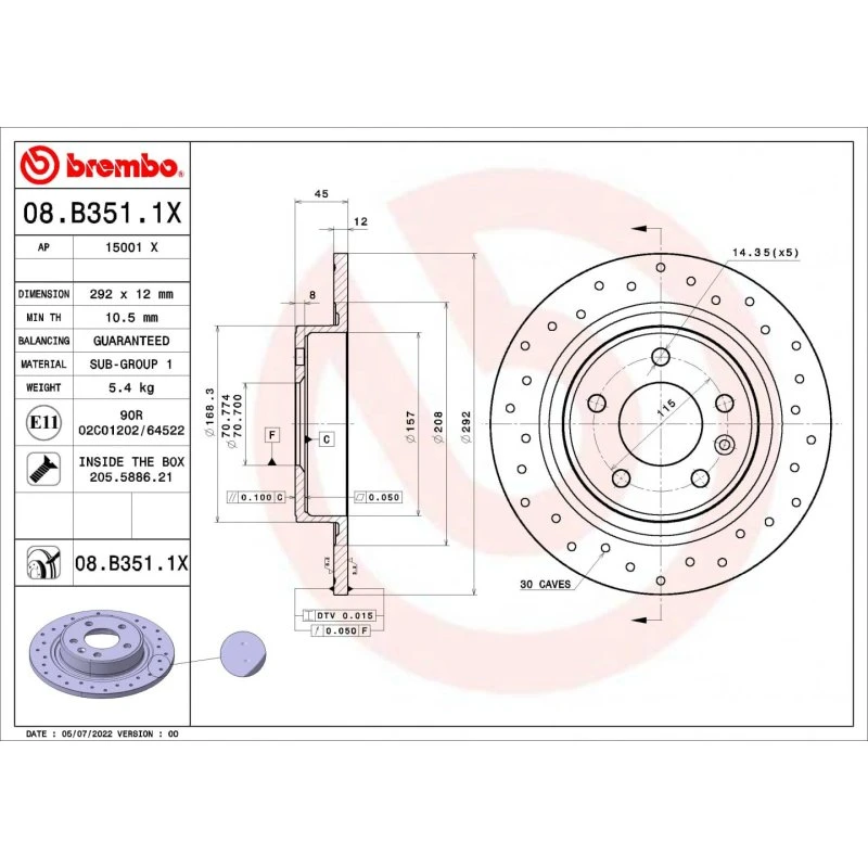 Brembo Bremseskive 08.B351.1X for Opel, Chevrolet, Vauxhall
