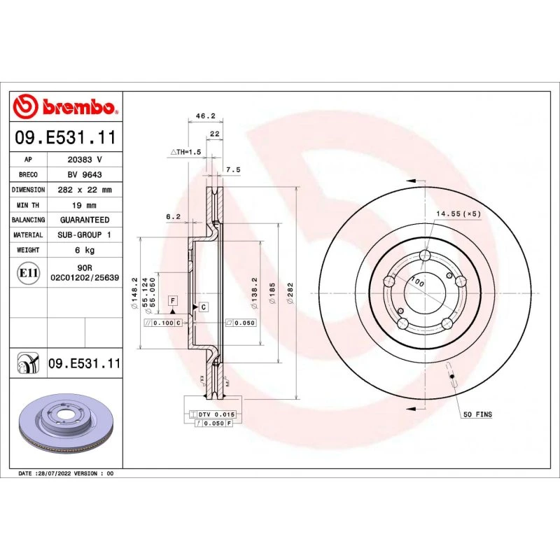 Brembo Bremseskive 09.E531.11 for Toyota Yaris