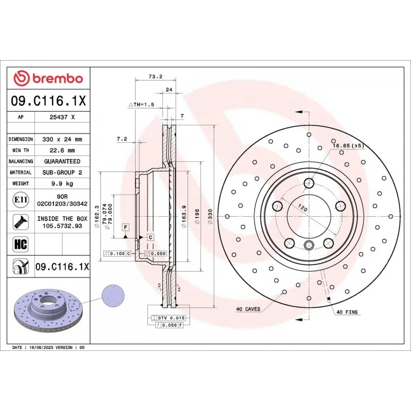 Brembo Bremseskive 09.C116.1X for BMW 3, 4, 2 Convertible