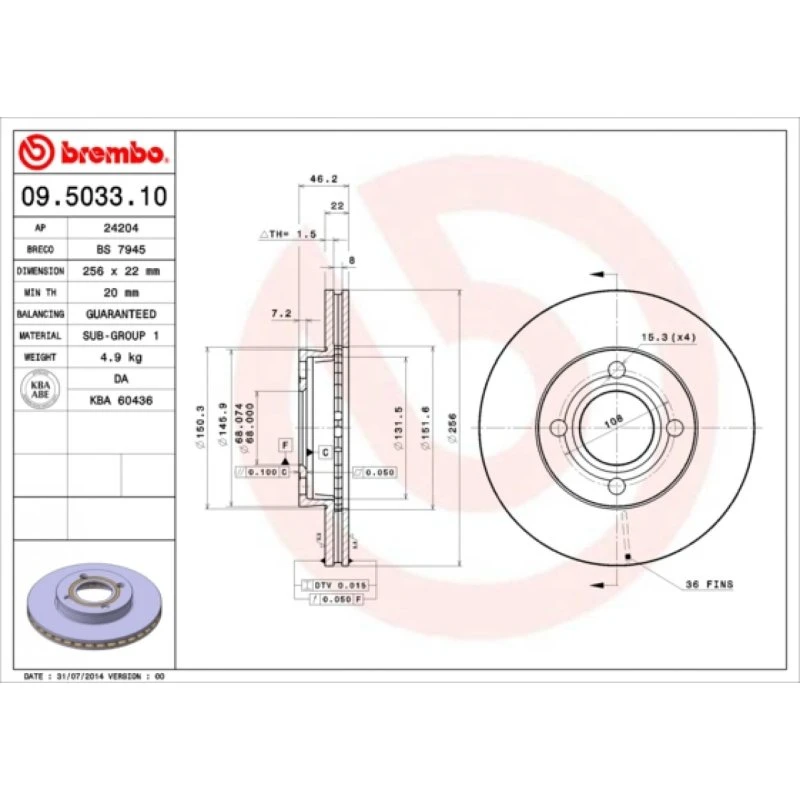 Brembo Bremseskive 09.5033.10 for Audi 100, 80, 90