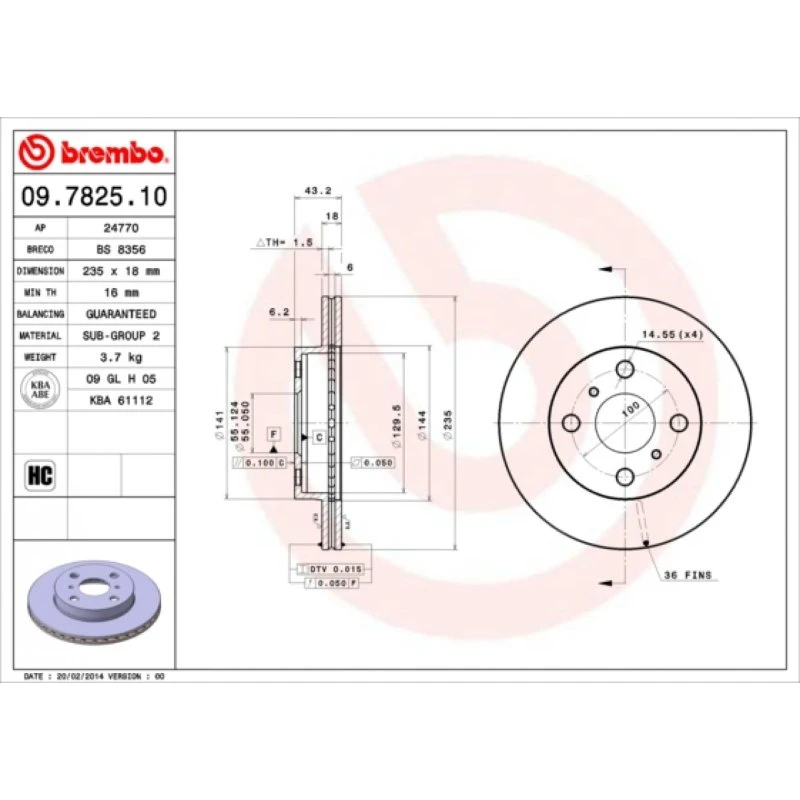 Brembo Bremseskive 09.7825.10 for Toyota Echo/Yaris