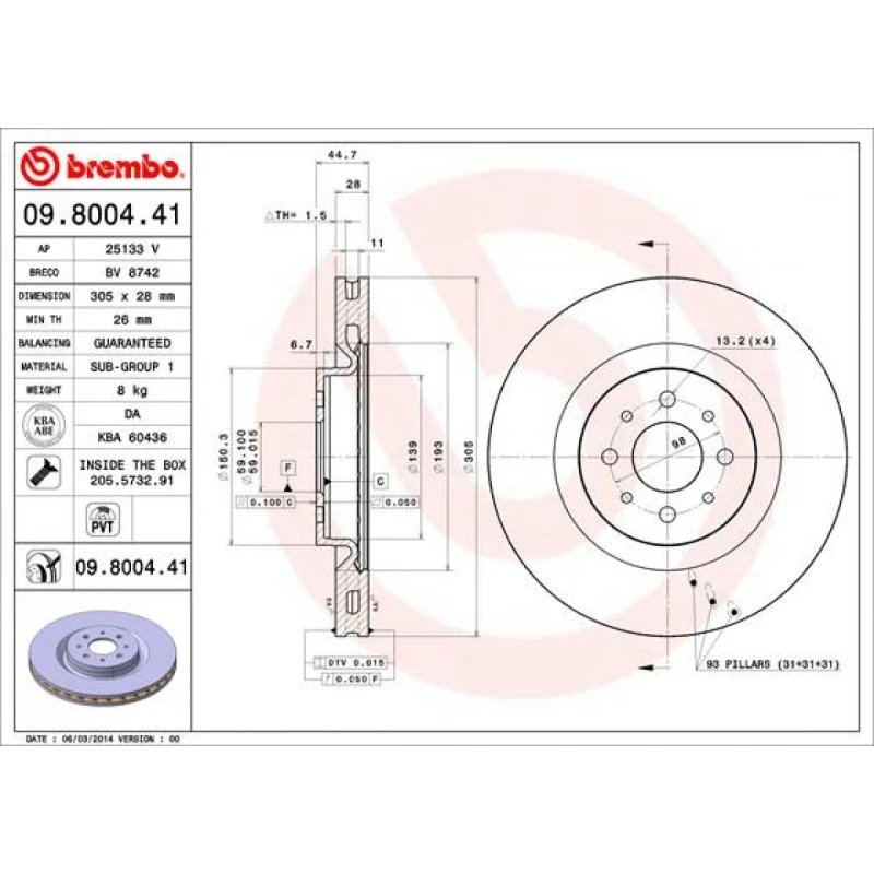 Brembo Bremseskive 09.8004.41 for Alfa Romeo (indvendigt ventileret, 28 mm)