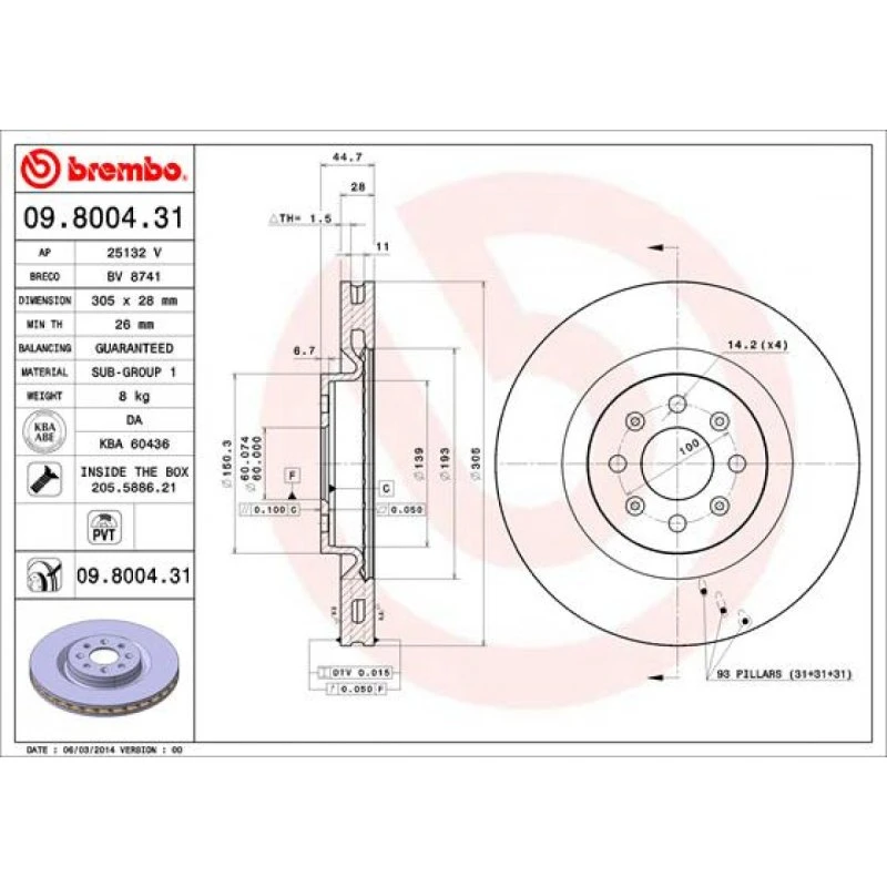 Brembo Bremseskive 09.8004.31 for Abarth Grande Punto, Punto