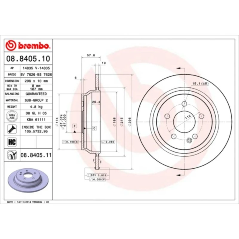 Brembo Bremseskive 08.8405.10 for Mercedes-Benz Viano/Vito