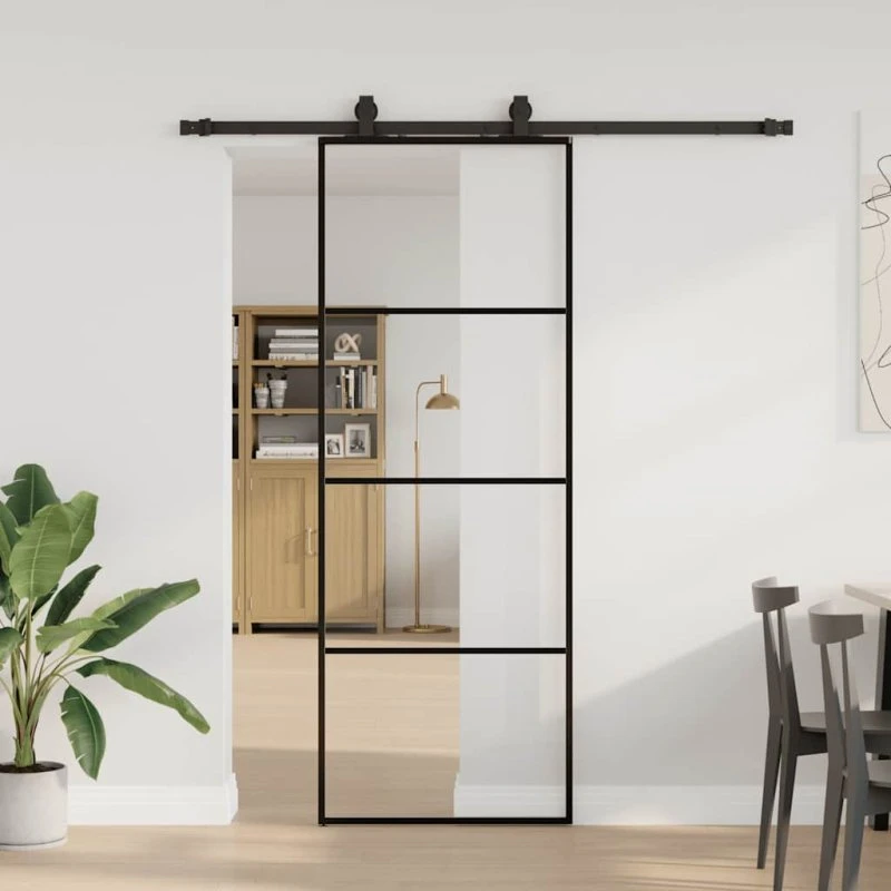 vidaXL Skydedør 76x205 cm ESG-glas sort med hardwaresæt