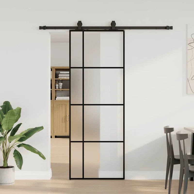 vidaXL skydedør 76x205 cm ESG glas sort med hardwaresæt