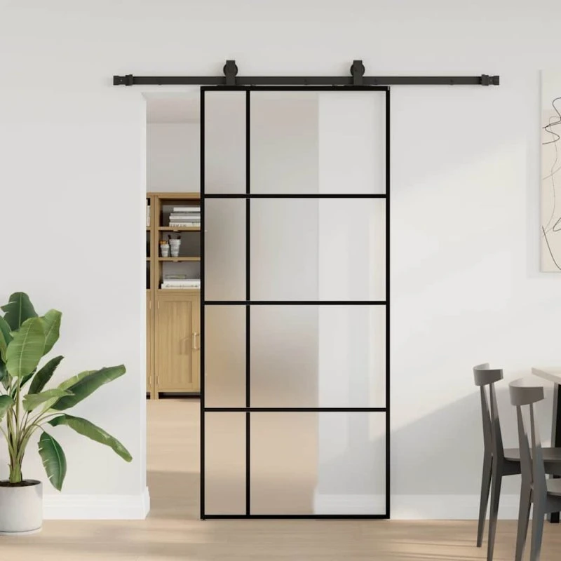 vidaXL Skydedør 90x205 cm ESG-glas sort med hardwaresæt