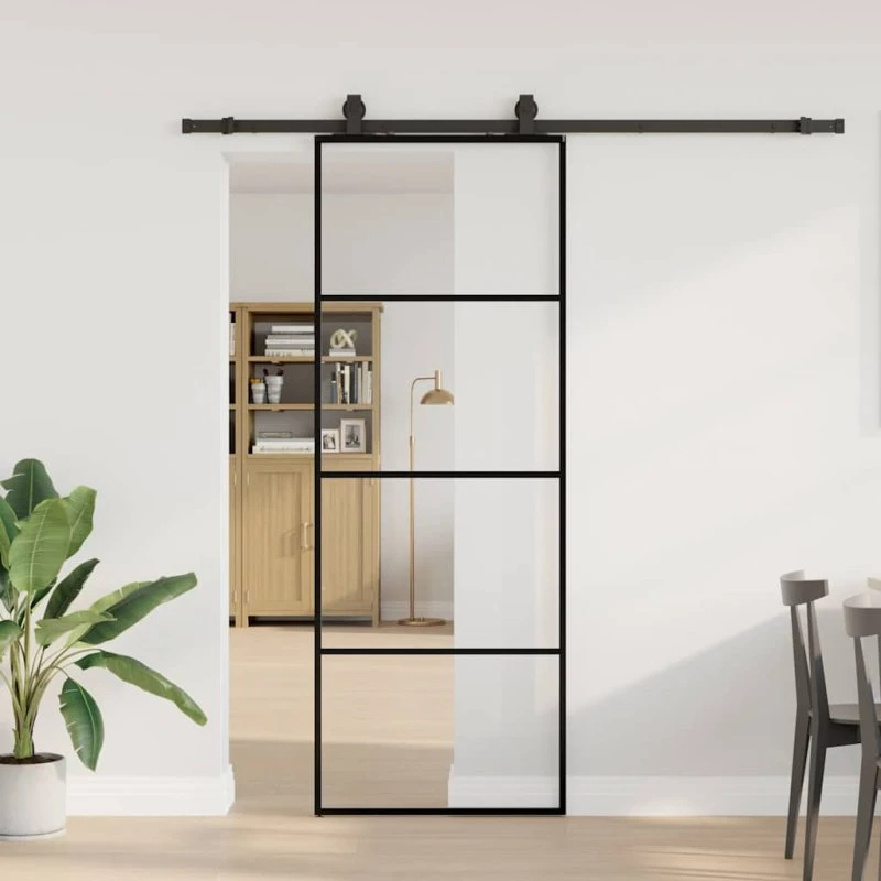 vidaXL Skydedør 76x205 cm ESG-glas sort med hardwaresæt