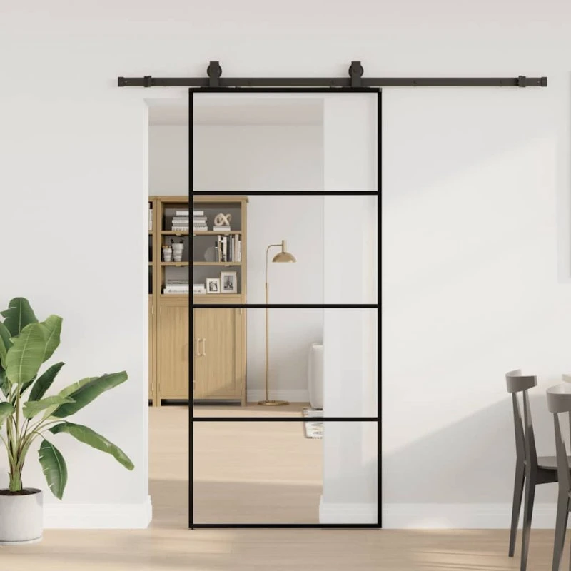 vidaXL skydedør 90x205 cm ESG glas sort med hardwaresæt