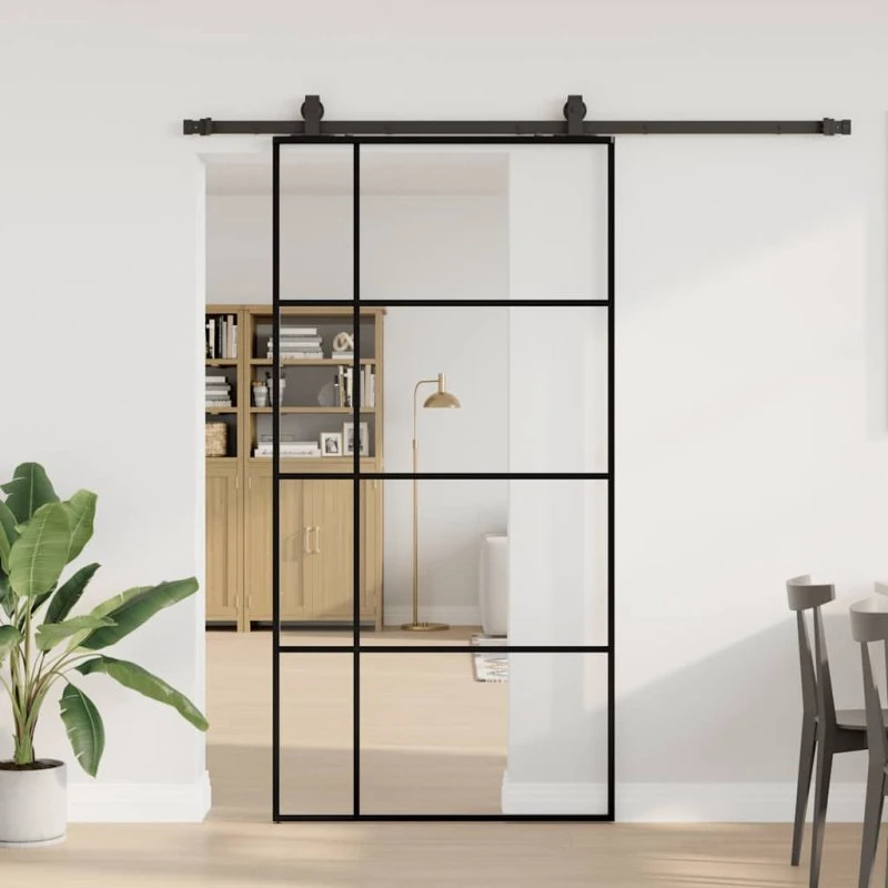 vidaXL Skydedør 102,5x205 cm ESG-glas sort med hardwaresæt