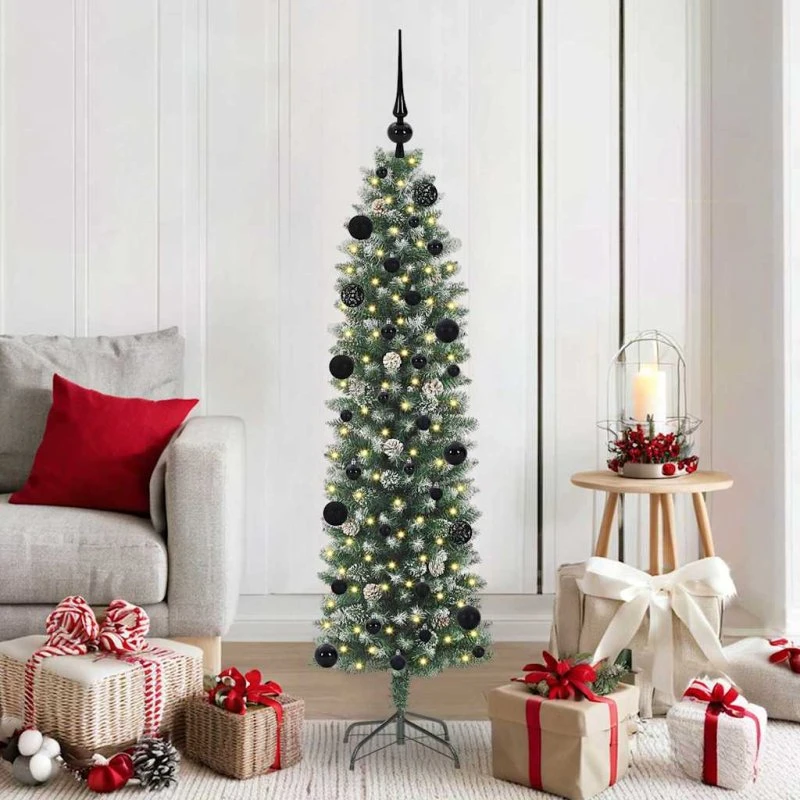 vidaXL Kunstigt slankt juletræ 150 cm med 150 LED'er Grøn og Hvid