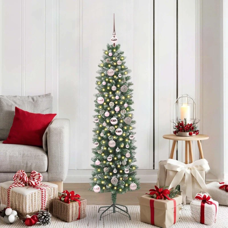 vidaXL Kunstigt slankt juletræ 150 cm med 150 LED'er Grøn og Hvid