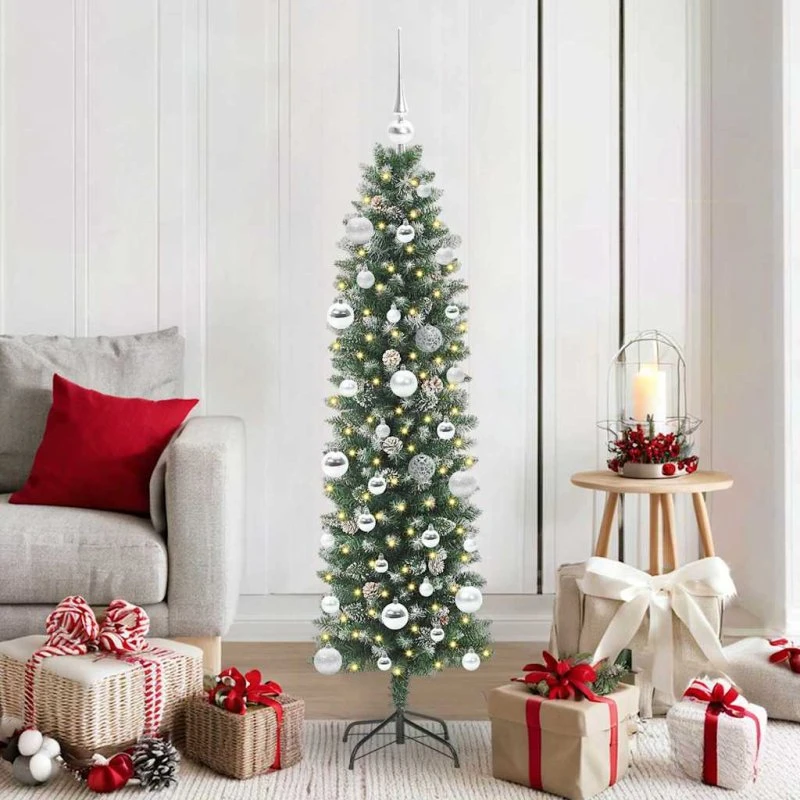 vidaXL Kunstigt Slankt Juletræ 150 cm med 150 LED'er Grøn og Hvid