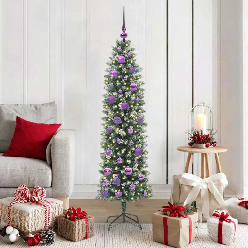 vidaXL Kunstigt slankt juletræ 150 cm med 150 LED'er Grøn og Hvid