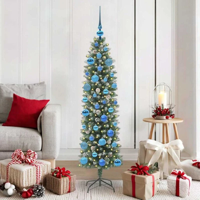 vidaXL Kunstigt slankt juletræ 150 cm med 150 LED'er Grøn og Hvid