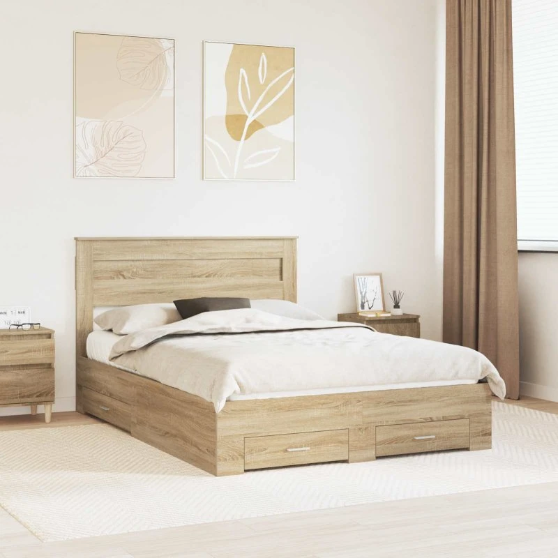 vidaXL Sengestel Sonoma Eg 140 x 200 cm med Skuffe, Træ