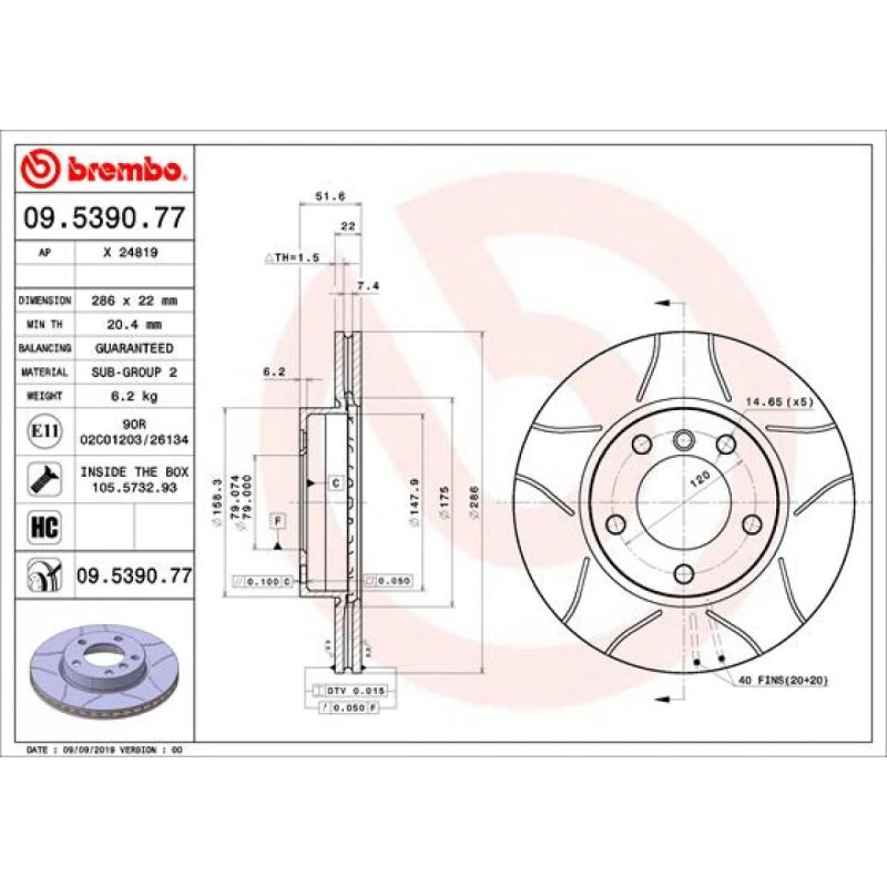 Brembo Bremseskive 09.5390.77, indvendigt ventileret, 22 mm tyk