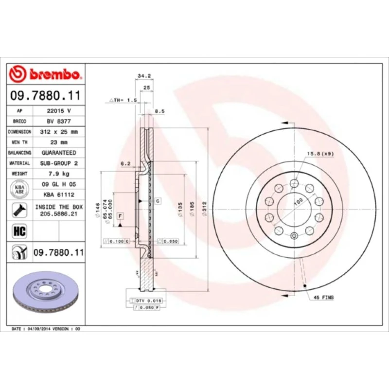 Brembo Bremseskive 09.7880.11 for VW, Audi, Skoda