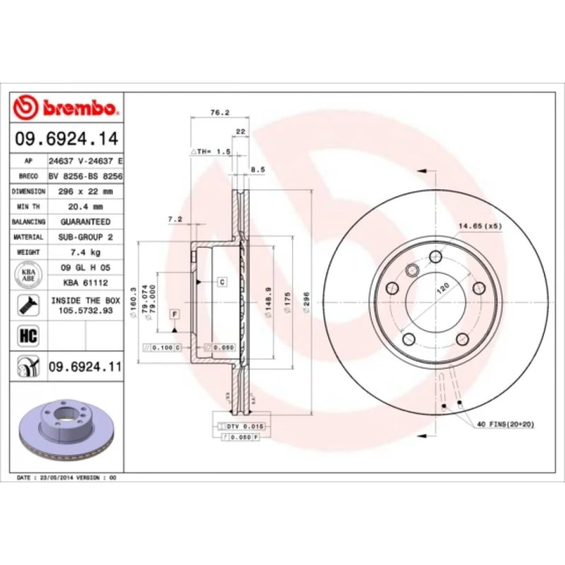 Brembo Bremseskive 09.6924.11 for BMW 5-serie (296 mm)