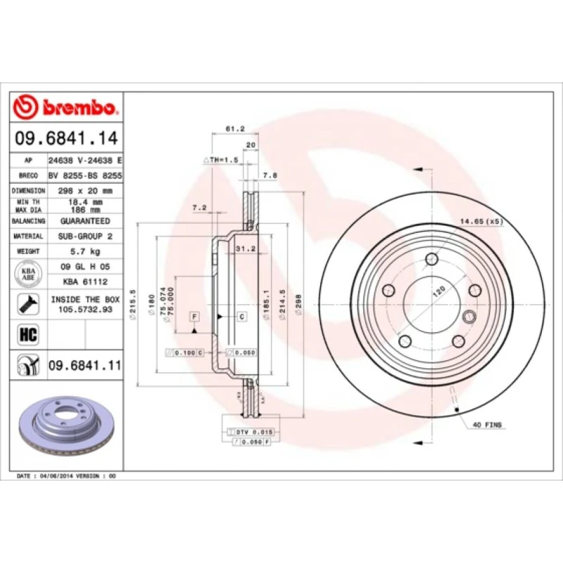 Brembo Bremseskive 09.6841.11, 20 mm, indvendigt ventileret, til BMW 5 & ALPINA B10