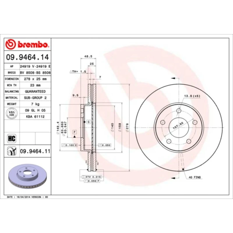 Brembo Bremseskive 09.9464.11, for Ford & Volvo, 25 mm tyk