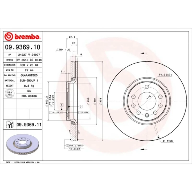 Brembo Bremseskive 09.9369.11 for Opel, Saab, Vauxhall