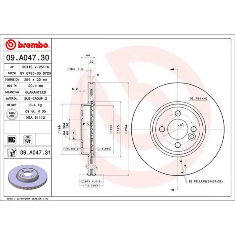 Brembo Bremseskive 09.A047.31 for MINI (22 mm, ventileret)