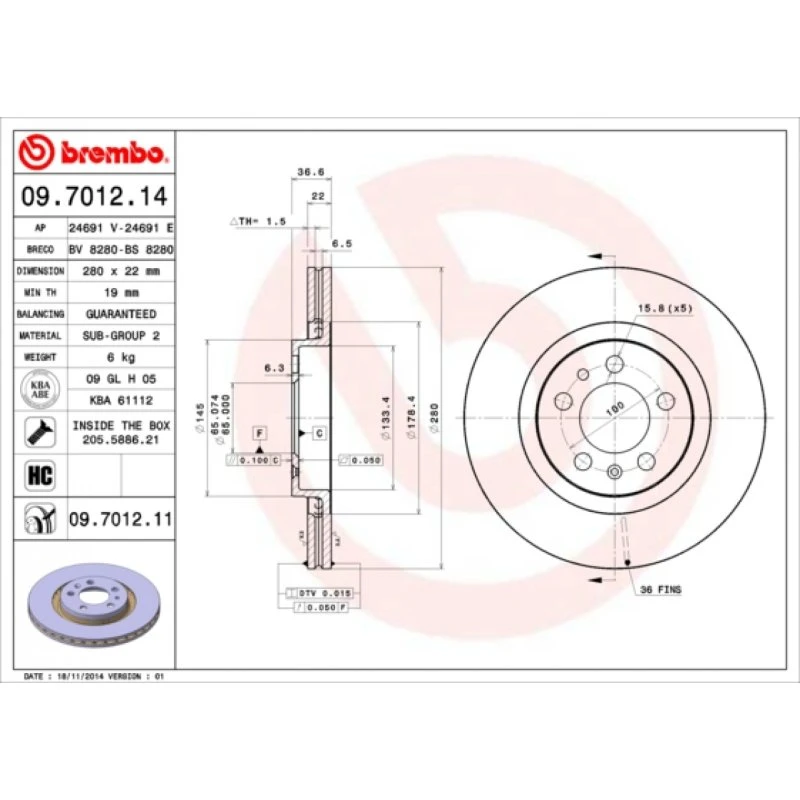 Brembo Bremseskive 09.7012.11 for VW, Audi, Skoda