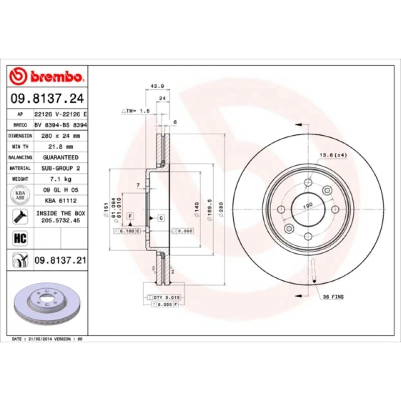 Brembo Bremseskive 09.8137.21 for Renault/Dacia