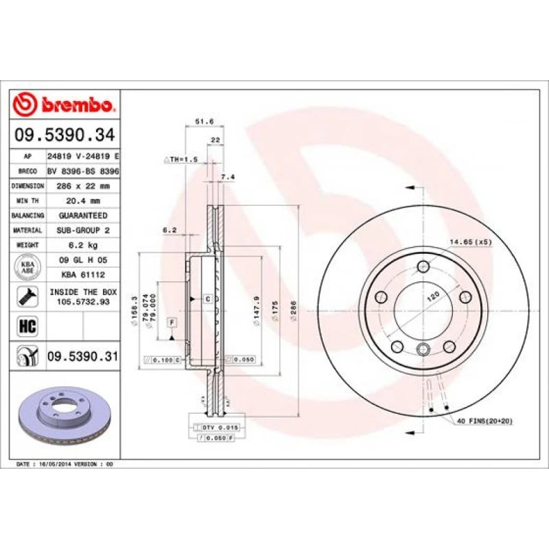 Brembo Bremseskive 09.5390.31, 22 mm, for BMW 3-serie & Z3/Z4