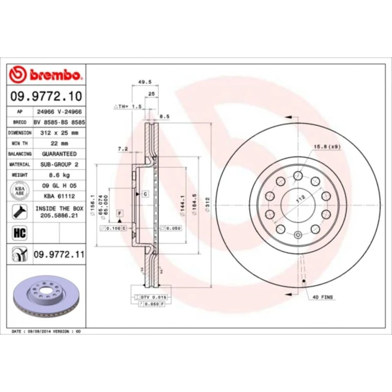 Brembo Bremseskive 09.9772.11, for VW, Audi, Skoda, 25 mm tyk