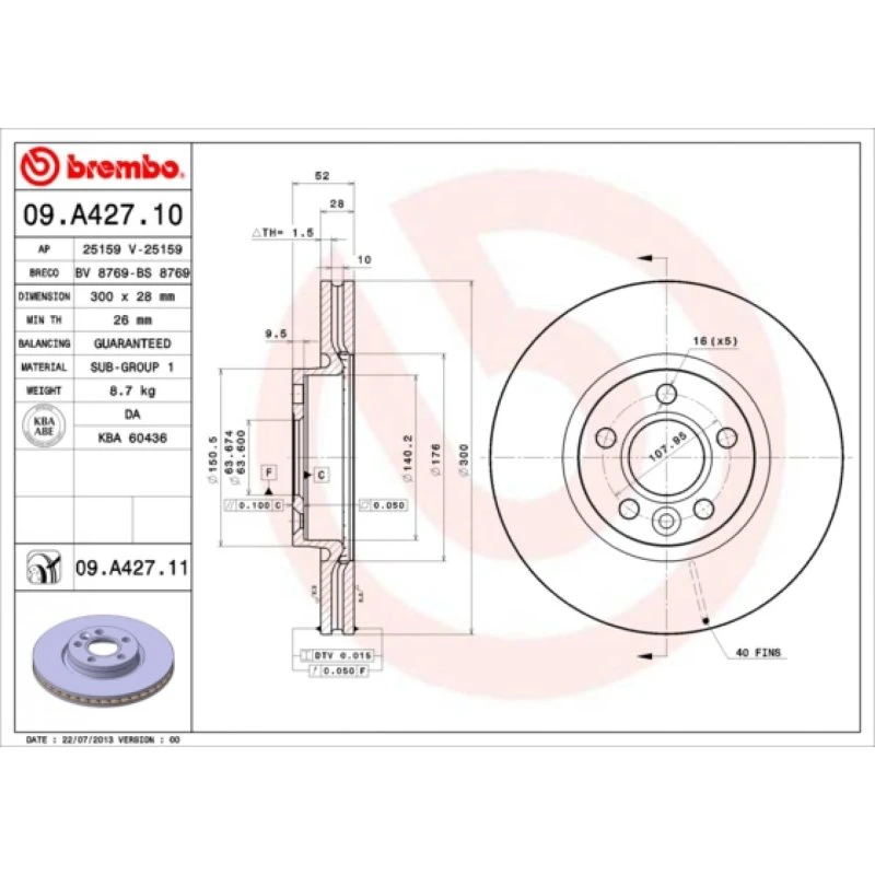 Brembo Bremseskive 09.A427.11 for Ford, Volvo, Land Rover