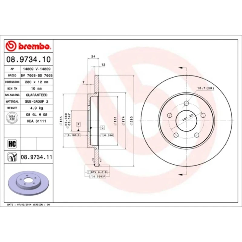 Brembo Bremseskive 08.9734.11, Fuldstændig, 12 mm, Prime