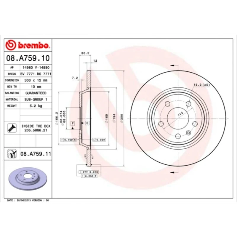 Brembo Bremseskive 08.A759.11 L8K0615601B for Audi A4, A5, A6, A7, Q5