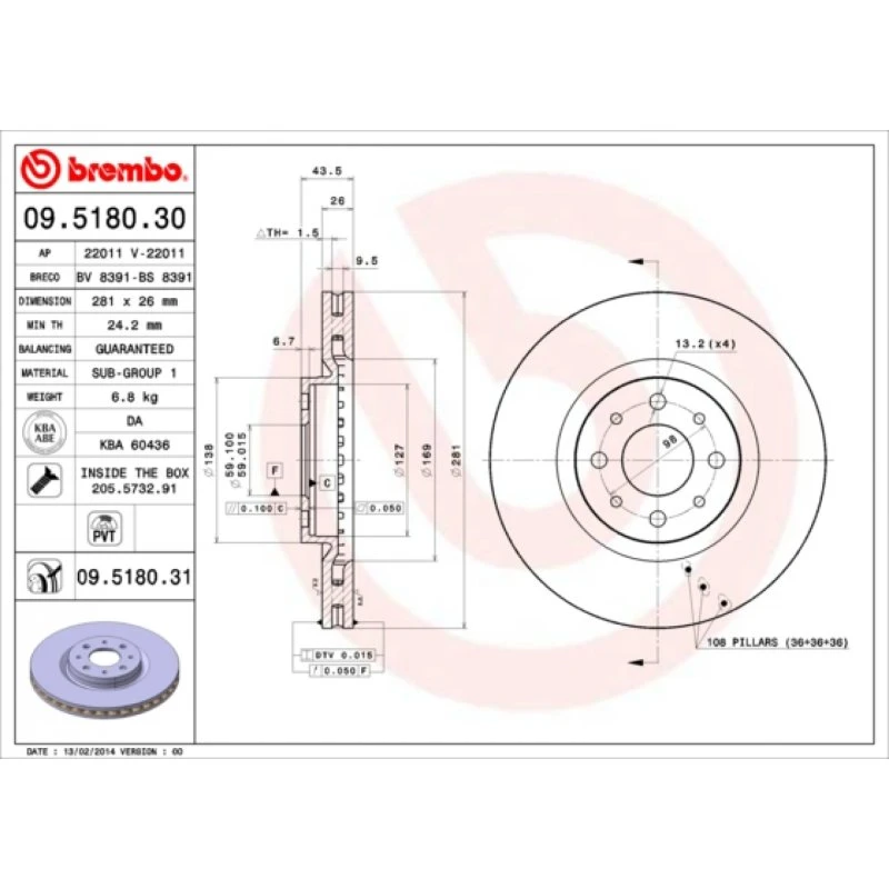 Brembo Bremseskive 09.5180.31 for Fiat, Alfa Romeo, Lancia