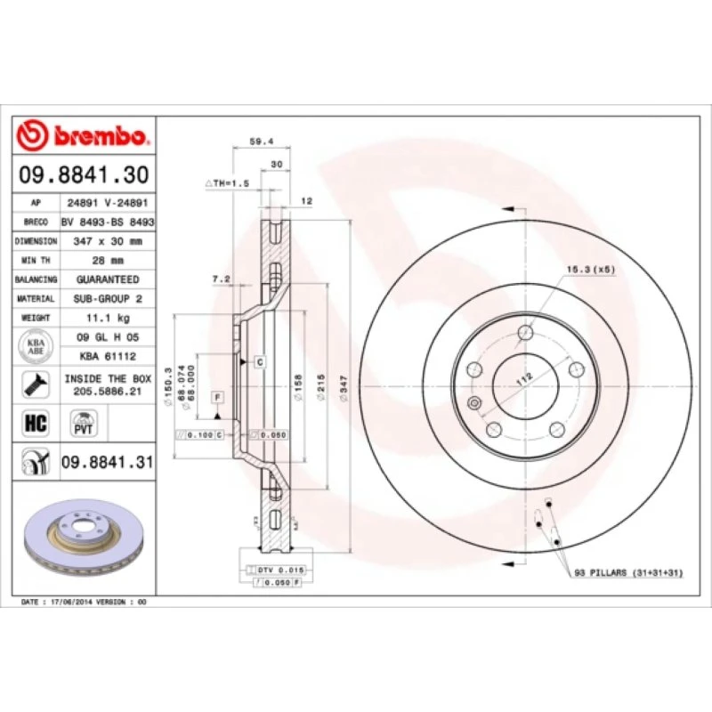 Brembo Bremseskive 09.8841.31 for Audi A6 C6 Allroad