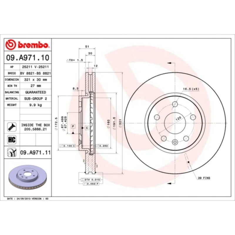 Brembo Bremseskive 09.A971.11 for Opel, Fiat, Chevrolet