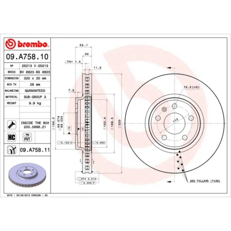 Brembo Bremseskive 09.A758.11 for Audi A4 B8, A5, Q5