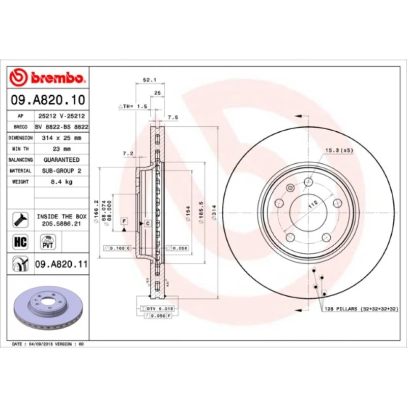 Brembo Bremseskive 09.A820.11 for Audi A4/A5 B8/B9
