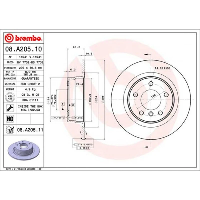 Brembo Bremseskive 08.A205.11, 34216769271, 34216855002, Bagaksel, Prime