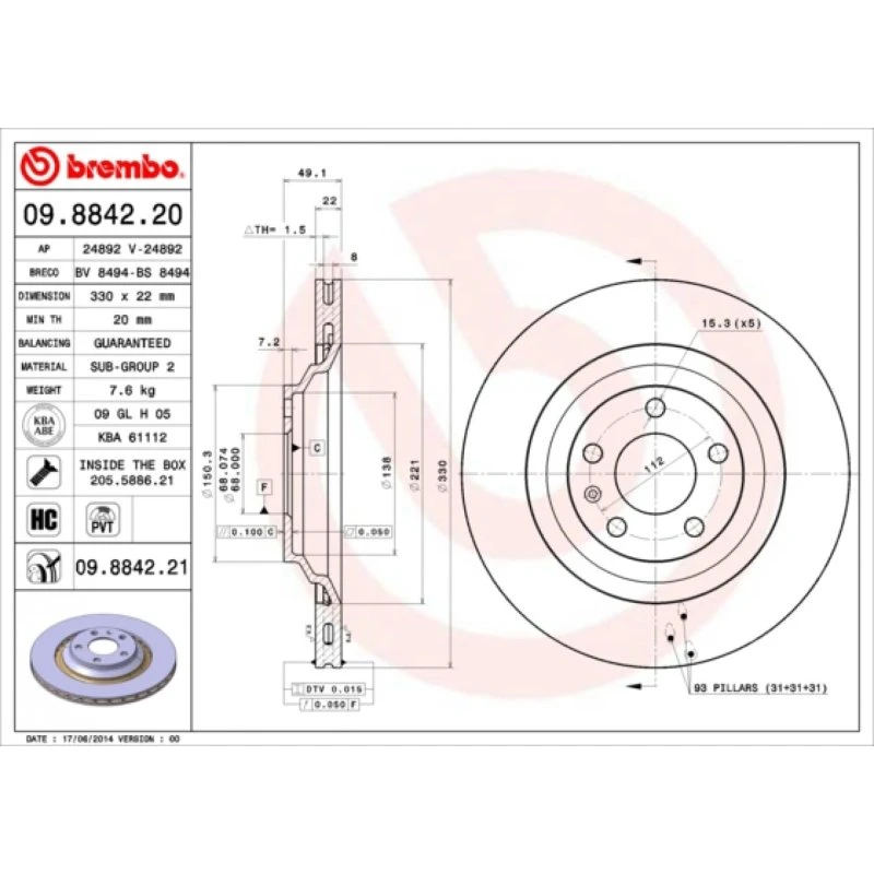Brembo Bremseskive 09.8842.21 for Audi A6 C6