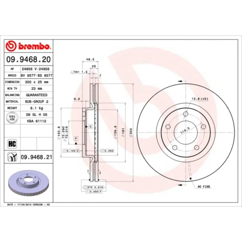 Brembo Bremseskive 09.9468.21 for Mazda 3/5 (C26Y3325X)